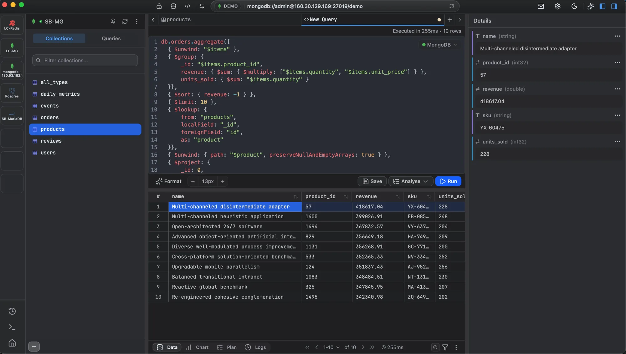 FlexTable running a MongoDB aggregation pipeline in its query editor